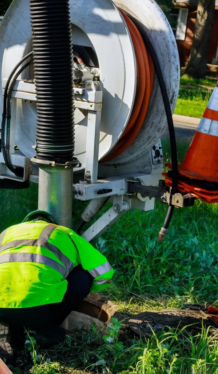 A plumber worker sipping the debris on the septic tank.